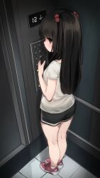 Rule 34 | 1girl, absurdres, bare arms, bare legs, black hair, black shorts, cellphone, child, closed mouth, commentary, comodomodo, dolphin shorts, elevator, english commentary, from behind, full body, hair bobbles, hair ornament, hand up, highres, holding, holding phone, long hair, original, phone, red eyes, red footwear, shirt, shoes, short shorts, short sleeves, shorts, smartphone, sneakers, solo, white shirt