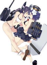 Rule 34 | 2girls, ass, bikini, bikini skirt, blush, breasts, cleavage, closed eyes, commentary request, face-to-face, facing another, flower, unworn footwear, grin, hair flower, hair ornament, halo, holding hands, interlocked fingers, kantai collection, machinery, mechanical halo, multiple girls, purple hair, unworn sandal, sandals, unworn sandals, short hair, sideboob, smile, swimsuit, tatsuta (kancolle), tenryuu (kancolle), teramoto kaoru, torpedo tubes, turret, white background, white bikini, white flower