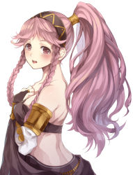 Rule 34 | 1girl, armlet, bare shoulders, blush, braid, breasts, commentary, fire emblem, fire emblem awakening, gloves, hairband, hands on own chest, jurge, long hair, looking at viewer, medium breasts, midriff, nintendo, olivia (fire emblem), open mouth, pink eyes, pink hair, ponytail, side braid, solo, twin braids