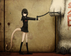 Rule 34 | 1girl, bad id, bad pixiv id, bdsm, black hair, black socks, bondage, bound, bound wrists, braid, chain, lifted by tail, long tail, mole, mole under mouth, monster, monster girl, original, school uniform, skirt, slit pupils, socks, solo, tail, toi (number8), yellow eyes