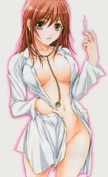 Rule 34 | 1girl, between breasts, blush, bottomless, breasts, brown eyes, brown hair, covering privates, highres, lab coat, looking at viewer, nanno koto, navel, no bra, no panties, open clothes, open shirt, orange eyes, orange hair, shirt, solo, stethoscope, syringe