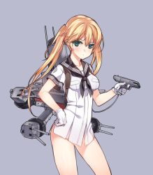 Rule 34 | 10s, 1girl, bad id, bad pixiv id, blonde hair, blue background, blue eyes, bottomless, gloves, kantai collection, no pants, original, personification, simple background, solo, tama (tamatamo), twintails, uss everett f. larson (dd-830)