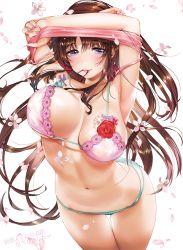 Rule 34 | 1girl, abs, arms up, bra, breasts, brown hair, camisole, cherry blossoms, closed mouth, comic kairakuten, cowboy shot, green panties, hair tie, large breasts, lips, long hair, looking at viewer, mouth hold, nail polish, navel, original, panties, pink bra, purple eyes, purple nails, smile, solo, thighs, unaligned breasts, underwear, undressing, white background, yanyo (ogino atsuki)