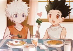 Rule 34 | 2boys, black hair, bowl, broccoli, brown eyes, cup, curtains, food, fork, gon freecss, heart, highres, holding, holding fork, hunter x hunter, indoors, kiko, killua zoldyck, male focus, multiple boys, open mouth, parted lips, sample watermark, shirt, sleeveless, spiked hair, table, upper body, watermark, white hair