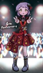 Rule 34 | 1girl, absurdres, anniversary, black bow, black bowtie, black jacket, blurry, blurry background, blush stickers, boots, bow, bowtie, burndle08, checkered clothes, checkered skirt, commentary, dot nose, double v, dream prelude (idolmaster), full body, glowstick, hair bow, hands up, highres, idol, idolmaster, idolmaster million live!, idolmaster million live! theater days, jacket, knee boots, light, looking at viewer, makabe mizuki, official alternate costume, parted lips, pleated skirt, purple hair, red skirt, short hair, sidelocks, skirt, solo, stage, standing, star-shaped pupils, star (symbol), star print, symbol-shaped pupils, v, v-shaped eyebrows, white footwear, yellow eyes