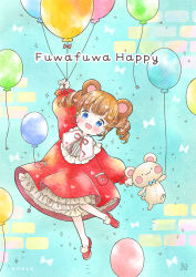 Rule 34 | 1girl, :d, animal ears, balloon, bear ears, blue bow, blue bowtie, blue eyes, blush, blush stickers, bow, bowtie, brick, brown hair, child, collar, dress, drill hair, emo (mikan), english text, floating, floating object, frilled dress, frilled sleeves, frills, happy, heart, holding, holding balloon, light blue background, long sleeves, looking at viewer, mixed-language text, open mouth, original, pocket, puffy sleeves, red bow, red dress, red footwear, red ribbon, ribbon, smile, stuffed animal, stuffed toy, teddy bear, two-tone dress, white bow, white collar, white dress
