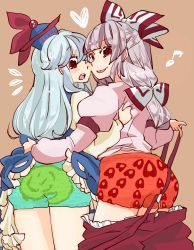 Rule 34 | 2girls, :p, albino, ass, assisted exposure, back, blue dress, blue hair, blush, bow, boxers, boyshort panties, brown background, clothes lift, dress, dress lift, embarrassed, frills, fujiwara no mokou, hair bow, hair ornament, hair ribbon, hand on another&#039;s back, hat, heart, juliet sleeves, kamishirasawa keine, komaku juushoku, long hair, long sleeves, looking at viewer, looking back, looking down, male underwear, multiple girls, musical note, open mouth, panties, pants, print panties, puffy sleeves, red eyes, ribbon, shirt, simple background, smile, tail, tongue, tongue out, touhou, underwear, undressing, upskirt, white hair