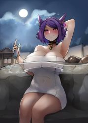 Rule 34 | 1girl, absurdres, animal ears, armpits, bare shoulders, bathing, black choker, blush, breasts, cat ears, choker, cleavage, cloud, covered navel, covering privates, cup, curvy, earrings, highres, jewelry, large breasts, moon, naked towel, necklace, night, night sky, noir (4chan), onsen, original, outdoors, partially submerged, pink eyes, purple hair, rock, short hair, sitting, sky, smile, thighs, towel, water