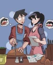 Rule 34 | 1boy, 1girl, absurdres, apron, bad id, bad pixiv id, black eyes, blue apron, boofer, bread, commentary, cooking, english commentary, food, hand on another&#039;s arm, highres, holding, holding paper, indoors, komi-san wa komyushou desu, komi shouko, paper, pepper shaker, pink apron, red shirt, salt shaker, shirt, surprised, tadano hitohito, thought bubble