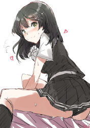 Rule 34 | ass, bed, black hair, black panties, black skirt, black vest, brown eyes, collared shirt, come hither, dress shirt, feet out of frame, from behind, fuji (pixiv24804665), hair ornament, hairclip, highres, kantai collection, long hair, looking at viewer, looking back, oyashio (kancolle), oyashio kai ni (kancolle), panties, pleated skirt, shirt, short sleeves, simple background, skirt, underwear, vest, white background, white shirt