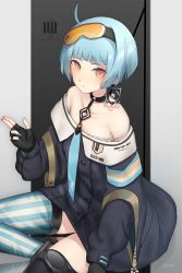 Rule 34 | 1girl, ahoge, artist name, asymmetrical legwear, bare shoulders, black choker, black thighhighs, blue hair, blue neckwear, blush, breasts, buttons, choker, collarbone, commentary request, double-breasted, drum (acta2436), earrings, eyewear on head, fingerless gloves, girls&#039; frontline, gloves, goggles, hand up, highres, jewelry, looking at viewer, nail polish, off shoulder, orange eyes, short hair, small breasts, solo, striped clothes, striped thighhighs, thighhighs, uneven legwear, vertical-striped clothes, vertical-striped thighhighs, zas m21 (girls&#039; frontline)