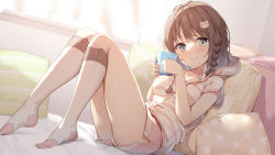 Rule 34 | 1girl, animal hair ornament, bed, bed sheet, braid, brown hair, closed mouth, commentary request, cup, curtains, cushion, dolphin shorts, green eyes, hair between eyes, highres, holding, holding cup, hood, hoodie, kneehighs, looking at viewer, medium hair, nijihashi sora, on bed, original, pink shorts, short shorts, short sleeves, shorts, sitting, smile, socks, solo, striped clothes, striped hoodie, thighs, white socks, window