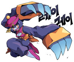 Rule 34 | 1girl, :d, absurdres, blue hair, blue skin, blush stickers, bow, breasts, chinese clothes, claw (weapon), cleavage, cleavage cutout, clothing cutout, colored skin, commentary, fang, flats, flipped hair, full body, gomulgong, hair between eyes, hat, highres, jiangshi, jumping, korean text, lei lei, long sleeves, looking at viewer, midair, ofuda, open mouth, orange eyes, pink footwear, pink hat, puffy pants, qingdai guanmao, sash, short hair, smile, solo, translated, vampire (game), waist bow, weapon, white background, yellow sash