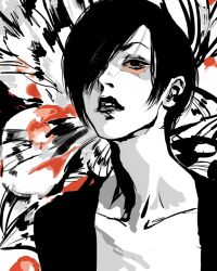 Rule 34 | androgynous, as (ashes), black eyes, black hair, black lips, collarbone, gender request, hair over one eye, half-closed eyes, lipstick, looking at viewer, makeup, monochrome, open mouth, original, red theme, short hair, solo, spot color