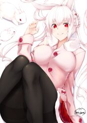Rule 34 | 1girl, angora rabbit, animal, animal ear fluff, animal ears, breasts, chinese zodiac, collarbone, highres, jacket, large breasts, long hair, looking at viewer, lying, original, pink jacket, rabbit, rabbit ears, rabbit girl, red eyes, red skirt, skirt, smile, solo, white hair, year of the rabbit, yorugami rei