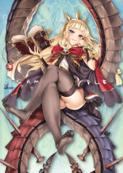 Rule 34 | 10s, 1girl, ass, bad id, bad pixiv id, blonde hair, blush, book, cagliostro (granblue fantasy), capelet, cle masahiro, diadem, feet, granblue fantasy, highres, legs, crossed legs, long hair, looking at viewer, no shoes, open mouth, ouroboros (granblue fantasy), purple eyes, sitting, smile, soles, solo, thighhighs, toes