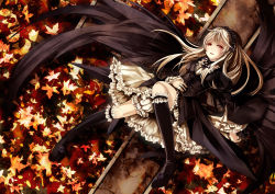 Rule 34 | 1girl, autumn leaves, bad id, bad pixiv id, black hair, black socks, black wings, blonde hair, cross, doll joints, dress, gothic lolita, hairband, highres, joints, kneehighs, layered dress, lolita fashion, lolita hairband, long hair, long sleeves, looking at viewer, lying, memai, on back, red eyes, rozen maiden, socks, solo, suigintou, white background, wide sleeves, wings