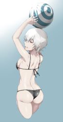 Rule 34 | 1girl, albino, arizuka (catacombe), arms up, ass, back, backboob, ball, bare arms, bare back, bare shoulders, beachball, bikini, black bikini, blue background, breasts, butt crack, closed mouth, commentary request, curvy, from behind, gradient background, highres, hip focus, holding, holding ball, legs together, lips, looking at viewer, looking back, medium breasts, original, pale skin, red eyes, shiny skin, short hair, shoulder blades, sideboob, solo, standing, swimsuit, thighs, thong bikini, white hair