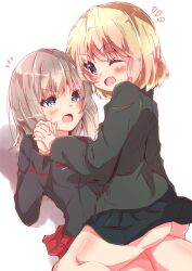 2girls black_jacket black_skirt blonde_hair blue_eyes fang frown girls_und_panzer green_jacket grey_hair holding_hands itsumi_erika jacket katyusha_(girls_und_panzer) kuromorimine_military_uniform long_hair miniskirt multiple_girls open_mouth pravda_school_uniform red_skirt school_uniform short_hair skirt smile tom_q_(tomtoq) yuri