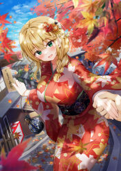 Rule 34 | 1girl, absurdres, autumn leaves, blonde hair, braid, breasts, cityscape, copyright request, flower, furoshiki, green eyes, hair flower, hair ornament, highres, holding hands, japanese clothes, kimono, kuria (clear trip second), large breasts, novel illustration, official art, open mouth, red kimono, single braid, umbrella, yukishiro arisa