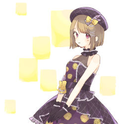 Rule 34 | 1girl, artist name, artist request, bare shoulders, black detached collar, black dress, black gloves, black headwear, black skirt, blush, bow, bracelet, breasts, brown hair, checkered clothes, checkered headwear, checkered skirt, dress, feathers, female focus, flower, flower print, gloves, grey bow, grey hair, hair ornament, hat feather, heart, heart print, highres, jewelry, light brown hair, looking at viewer, love live!, love live! nijigasaki high school idol club, love live! school idol festival, love live! school idol festival all stars, medium breasts, mozuku knd, nakasu kasumi, necklace, parted lips, pearl bracelet, pearl necklace, purple eyes, purple feathers, purple flower, red eyes, short hair, skirt, smile, solo, x hair ornament, yellow bow, yellow flower