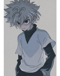 Rule 34 | 1boy, absurdres, blue eyes, cowboy shot, empty eyes, enoki (gongindon), hands in pockets, highres, hunter x hunter, killua zoldyck, layered shirt, long sleeves, looking ahead, male focus, serious, shirt, short sleeves, simple background, solo, spiked hair, turtleneck, white hair, white shirt
