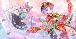 Rule 34 | 2girls, animal ears, bowl, dowsing rod, highres, holding, japanese clothes, kimono, looking at viewer, miracle mallet, mouse ears, mouse tail, multiple girls, nazrin, neme, open mouth, purple eyes, purple hair, red eyes, short hair, silver hair, smile, sukuna shinmyoumaru, tail, touhou