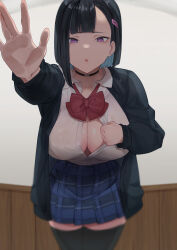 Rule 34 | 1girl, black cardigan, black choker, black hair, black thighhighs, blue hair, blue skirt, blunt bangs, bow, bowtie, breasts, cardigan, choker, collared shirt, colored inner hair, dress shirt, hair ornament, hairclip, highres, indoors, large breasts, legs together, looking at viewer, loose bowtie, medium hair, multicolored hair, open cardigan, open clothes, open shirt, original, outstretched arm, partially unbuttoned, pleated skirt, purple eyes, red bow, red bowtie, school uniform, shirt, skirt, solo, standing, thighhighs, two-tone hair, utiwa008, white shirt, zettai ryouiki