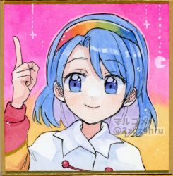 Rule 34 | 1girl, 2zuz4hru, blue eyes, blue hair, cape, closed mouth, commentary request, dress, eyelashes, happy, long sleeves, multicolored clothes, multicolored dress, painting (medium), pointing, pointing up, puffy sleeves, rainbow gradient, smile, solo, tenkyuu chimata, touhou, traditional media, watercolor (medium), white cape