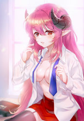 Rule 34 | 1girl, backlighting, bad id, bad pixiv id, black thighhighs, blue necktie, blurry, blurry background, blush, breasts, cleavage, collarbone, collared shirt, commentary, curled horns, garter straps, hair between eyes, horns, large breasts, light rays, long hair, long sleeves, looking at viewer, navel, necktie, open clothes, open shirt, original, parted lips, picter, pink hair, pointy ears, red eyes, red skirt, shirt, sidelocks, sitting, skindentation, skirt, solo, sunbeam, sunlight, symbol-only commentary, thighhighs, white shirt, window, zettai ryouiki