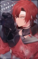 Rule 34 | 1boy, ahoge, black choker, black gloves, camera, choker, earpiece, english text, gloves, hair between eyes, high collar, highres, holding, holding camera, holostars, holostars english, jacket, looking ahead, machina x flayon, male focus, mixed-language commentary, open mouth, red hair, red jacket, short hair, simple background, speech bubble, standing, upper body, virtual youtuber, xmayo0x