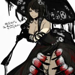 Rule 34 | 1girl, bare shoulders, belt, black belt, black dress, black hair, black sclera, breasts, closed eyes, closed mouth, collarbone, colored sclera, dress, extra teeth, fascinator, holding, holding umbrella, large breasts, lobotomy corporation, long hair, looking at viewer, mountain of smiling bodies, nishikujic, personification, project moon, simple background, smile, solo, strapless, strapless dress, umbrella, very long hair, white background, white eyes