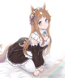 Rule 34 | 1girl, alternate costume, animal ears, apron, blue eyes, blush, breasts, brown hair, cleavage, detached sleeves, dolbydig, enmaided, grass wonder (umamusume), highres, horse ears, horse girl, horse tail, kneeling, long hair, looking at viewer, maid, maid apron, maid headdress, medium breasts, open mouth, pantyhose, sidelocks, simple background, solo, tail, umamusume, white background, white pantyhose
