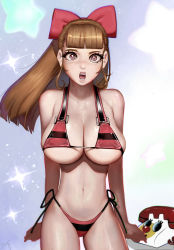 Rule 34 | 1girl, adapted costume, bikini, blossom (ppg), bow, breasts, brown hair, cartoon network, cleavage, hair bow, hair ribbon, highres, large breasts, long hair, looking at viewer, navel, aged up, open mouth, powerpuff girls, randy (awesomevillage), red eyes, ribbon, solo, stomach, swimsuit
