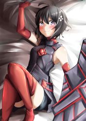 Rule 34 | 1girl, absurdres, ahoge, armor, armpits, bad id, bad pixiv id, bare shoulders, bed sheet, black armor, black hair, blush, bob cut, boots, breastplate, commentary, dvdraw, elbow gloves, from above, gloves, grip, hair ornament, highres, holding, holding shield, itai no wa iya nano de bougyoryoku ni kyokufuri shitai to omoimasu, knees up, looking at viewer, lying, maple (bofuri), on back, on bed, purple eyes, red footwear, red gloves, red thighhighs, shield, short hair, shorts, smile, solo, thigh boots, thighhighs