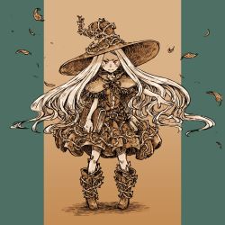 Rule 34 | 1girl, bag, belt, blonde hair, book, boots, capelet, center frills, child, closed mouth, commentary request, dress, frills, full body, glaring, hand up, hat, hatching (texture), highres, holding, holding book, leaf, leather bag, long hair, looking at viewer, momochichi77, monochrome, neck ribbon, original, outside border, parted bangs, pigeon-toed, plant, red eyes, ribbon, sepia, solo, spot color, standing, straight-on, v-shaped eyebrows, vines, witch hat