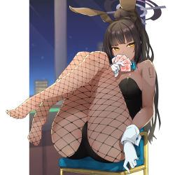 Rule 34 | 1girl, absurdres, animal ears, ass, black hair, black leotard, black pantyhose, blue archive, breasts, card, chair, commentary request, covering own mouth, dark-skinned female, dark skin, fake animal ears, fishnet pantyhose, fishnets, full body, gloves, halo, highres, kakimoto nao, karin (blue archive), karin (bunny) (blue archive), large breasts, leotard, long hair, looking at viewer, pantyhose, playboy bunny, playing card, ponytail, rabbit ears, sitting, solo, thighs, white gloves, yellow eyes