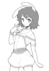 Rule 34 | 1girl, alternate costume, bangle, belt, bracelet, carrot, carrot necklace, elbow gloves, female focus, gloves, greyscale, inaba tewi, jewelry, monochrome, necklace, non-web source, off shoulder, orz (orz57), pendant, short hair, shorts, smile, solo, suspenders, touhou