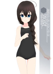 Rule 34 | 1girl, ahoge, artist name, black hair, black one-piece swimsuit, blue eyes, braid, character name, collarbone, cowboy shot, flat chest, hair between eyes, hair over shoulder, highres, inaba shiki, kantai collection, long hair, looking at viewer, new school swimsuit, one-hour drawing challenge, one-piece swimsuit, school swimsuit, shigure (kancolle), simple background, single braid, smile, solo, standing, swimsuit, white background