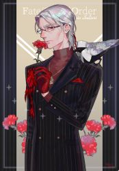 Rule 34 | 1boy, animal, animal on shoulder, antonio salieri (fate), antonio salieri (traveling outfit) (fate), bird, bird on shoulder, buttoned cuffs, buttons, carnation, cowboy shot, crow, double-breasted, fate/grand order, fate (series), flower, formal, gem, glasses, gloves, grey hair, holding, holding flower, jewelry, long sleeves, looking at viewer, male focus, necklace, pinstripe pattern, pinstripe suit, red eyes, red flower, red gloves, sara (kurome1127), striped, suit, vertical stripes
