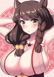 Rule 34 | 1girl, absurdres, alternate breast size, animal ears, armpits, arms behind head, bell, blush, braid, breasts, brown hair, cat ears, chest tattoo, cleavage, edamame sin, hair ornament, hair ribbon, highres, huge breasts, jingle bell, long hair, looking at viewer, nekomata (youkai hyakki-tan!), obi, parted lips, paw print, red ribbon, ribbon, sash, solo, tattoo, upper body, yellow eyes, youkai hyakki-tan!