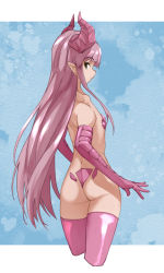 Rule 34 | 1girl, ass, dragon girl, dragon horns, flat chest, from behind, gluteal fold, green eyes, highres, horns, long hair, looking at viewer, looking back, meikyuu black company, pasties, pink hair, red pupils, rimu (meikyuu black company), scale pasties, scales, thick thighs, thighs, very long hair