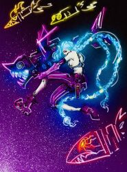 Rule 34 | 1girl, absurdres, arcane: league of legends, belt, black sclera, blue hair, braid, breasts, colored sclera, crop top, deadpool yuchan, drawing (object), elbow gloves, gloves, glowing, glowing hair, gradient background, gun, handgun, highres, holding, holding rocket launcher, holding weapon, jinx (league of legends), jumping, league of legends, long hair, low twintails, medium breasts, neon palette, pale skin, pants, pink eyes, rocket, rocket launcher, shark fin, sideboob, sleeveless, solo, striped clothes, striped pants, teeth, twin braids, twintails, very long hair, weapon