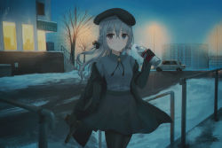 Rule 34 | 1girl, bad id, bad pixiv id, bare tree, beret, black bow, black gloves, black hat, black jacket, black skirt, blue eyes, bottle, bow, braid, breath, building, cardigan, chihuri, closed mouth, collared shirt, commentary request, dress shirt, eve (chihuri), gloves, grey shirt, gun, hair bow, hand up, handgun, hat, heterochromia, holding, holding bottle, holding gun, holding weapon, jacket, long hair, long sleeves, looking at viewer, night, night sky, open clothes, open jacket, original, outdoors, pantyhose, railing, red eyes, russian text, shirt, side braid, silver hair, skirt, sky, snow, solo, stairs, translation request, tree, vehicle request, weapon, weapon request, window