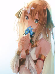 Rule 34 | 1girl, blue eyes, brown hair, ciel nosurge, commentary request, flower, hair between eyes, hair flower, hair ornament, head tilt, holding, holding flower, ionasal kkll preciel, long hair, looking at viewer, mogupon, solo, surge concerto, upper body, very long hair, white background