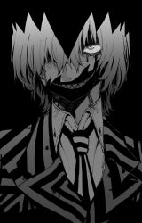 Rule 34 | 1boy, akechi gorou, blood, blood on face, facepaint, greyscale, grin, hair between eyes, hair over shoulder, highres, jacket, maki keigo, male focus, monochrome, necktie, persona, persona 5, sharp teeth, shirt, simple background, smile, solo, striped clothes, striped jacket, striped necktie, striped neckwear, teeth, upper body, vertical-striped clothes, vertical-striped necktie
