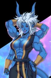 Rule 34 | 1girl, abs, arms behind head, az ciam, baggy pants, black sclera, blue skin, breasts, cleavage, colored sclera, colored skin, demon girl, demon horns, demon tail, extra arms, extra eyes, fingerless gloves, gloves, hand on own hip, highres, horns, looking at viewer, monk, muscular, muscular female, original, pants, pointy ears, red eyes, sash, solo, tail, tongue, tongue out