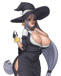 Rule 34 | 1girl, bad id, bad pixiv id, bigfall, black dress, black gloves, breasts, circe (last origin), dress, flask, gloves, green eyes, hair between eyes, hand on own face, hat, huge breasts, last origin, long hair, looking at viewer, low-tied long hair, shaded face, side slit, simple background, smile, solo, white background, witch, witch hat