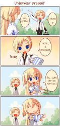 Rule 34 | 2girls, 4koma, blonde hair, blue eyes, blue panties, bow, bow panties, comic, gift, hard-translated, mariaver curio, multiple girls, panties, shigatake, sie curio, sincere, striped clothes, striped panties, third-party edit, translated, underwear, vertical-striped clothes, vertical-striped panties, verticalstripes