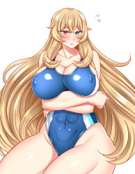 Rule 34 | 1girl, abs, blonde hair, blue one-piece swimsuit, breasts, competition swimsuit, covered erect nipples, covered navel, cowboy shot, barghest (fate), fate/grand order, fate (series), green eyes, heterochromia, highleg, highleg swimsuit, highres, multicolored clothes, multicolored swimsuit, muscular, muscular female, one-piece swimsuit, red eyes, solo, swimsuit, tall female, yakisobapan tarou &amp; negitoro-ko